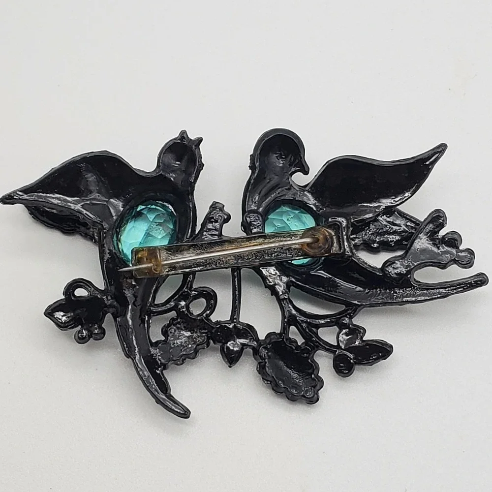 Vintage Bird Brooch Aqua Blue Acrylic Belly Early Plastic Pin 1940s Lovebirds